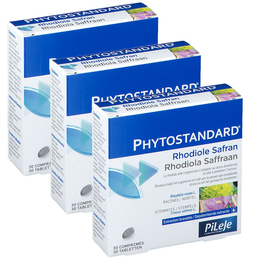 Trois boîtes Phytostandard Rhodiole Safran. Emballage bleu et blanc avec nom du produit et informations.