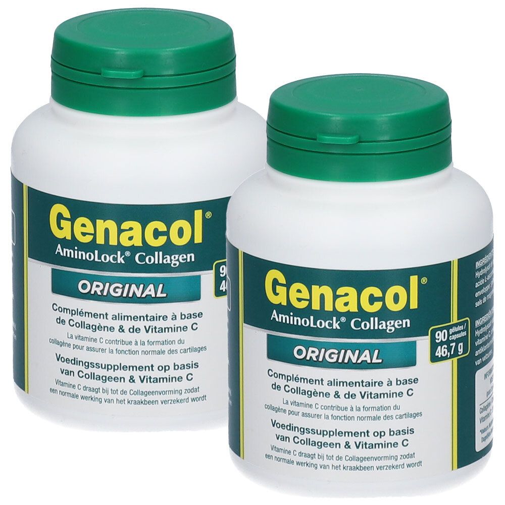 Twee witte flessen met groene dop. Opschrift: Genacol, Aminolock Collagen, Original. Voedingssupplement op basis van collageen en vitamine C.