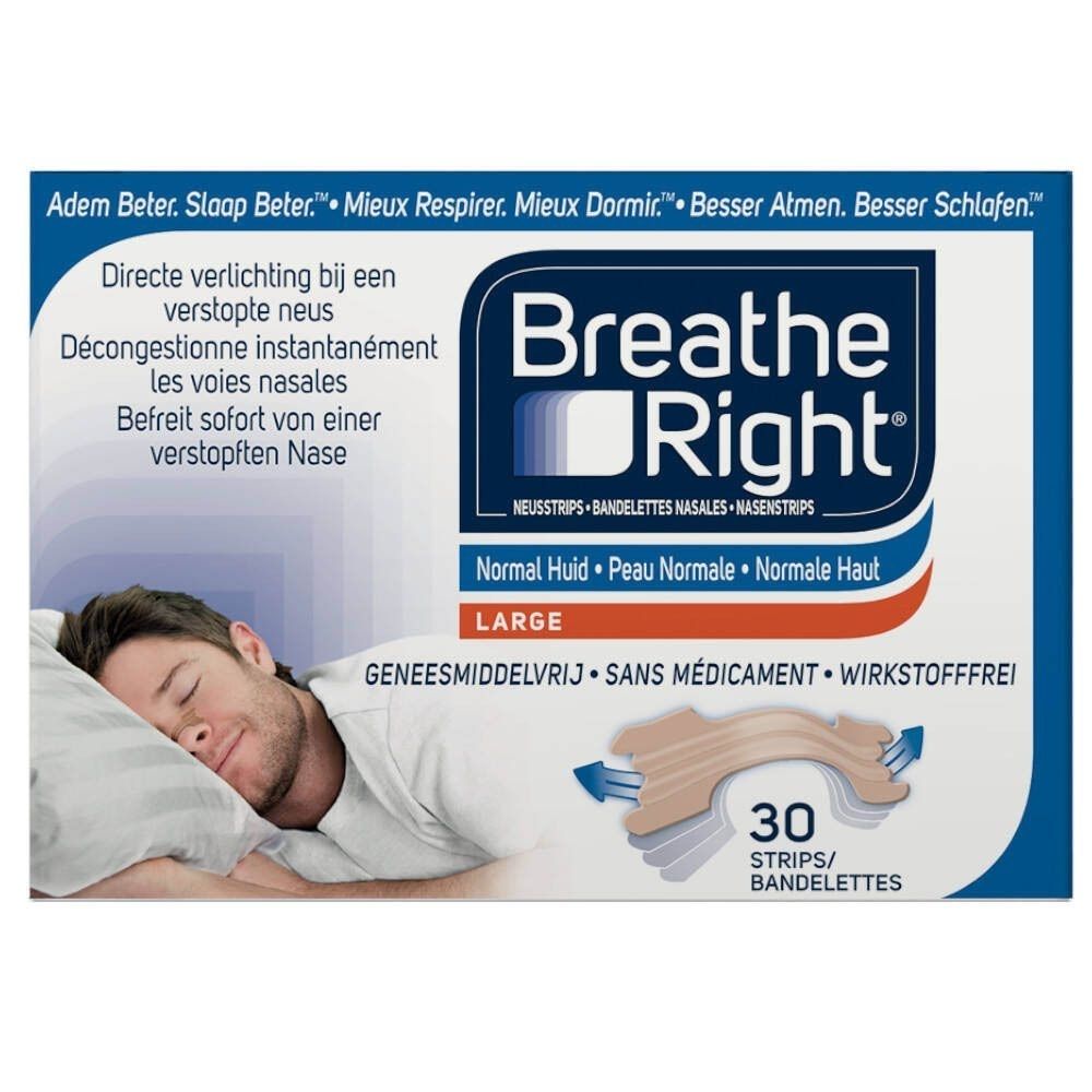 Verpakking Breathe Right® neusstrips. Bevat 30 strips. Opschrift: Large, Normale Huid. Man slaapt.