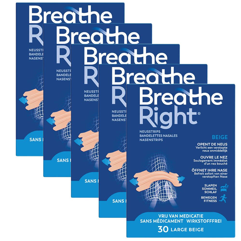 Vijf pakken Breathe Right® Neusstrips Beige Large.
