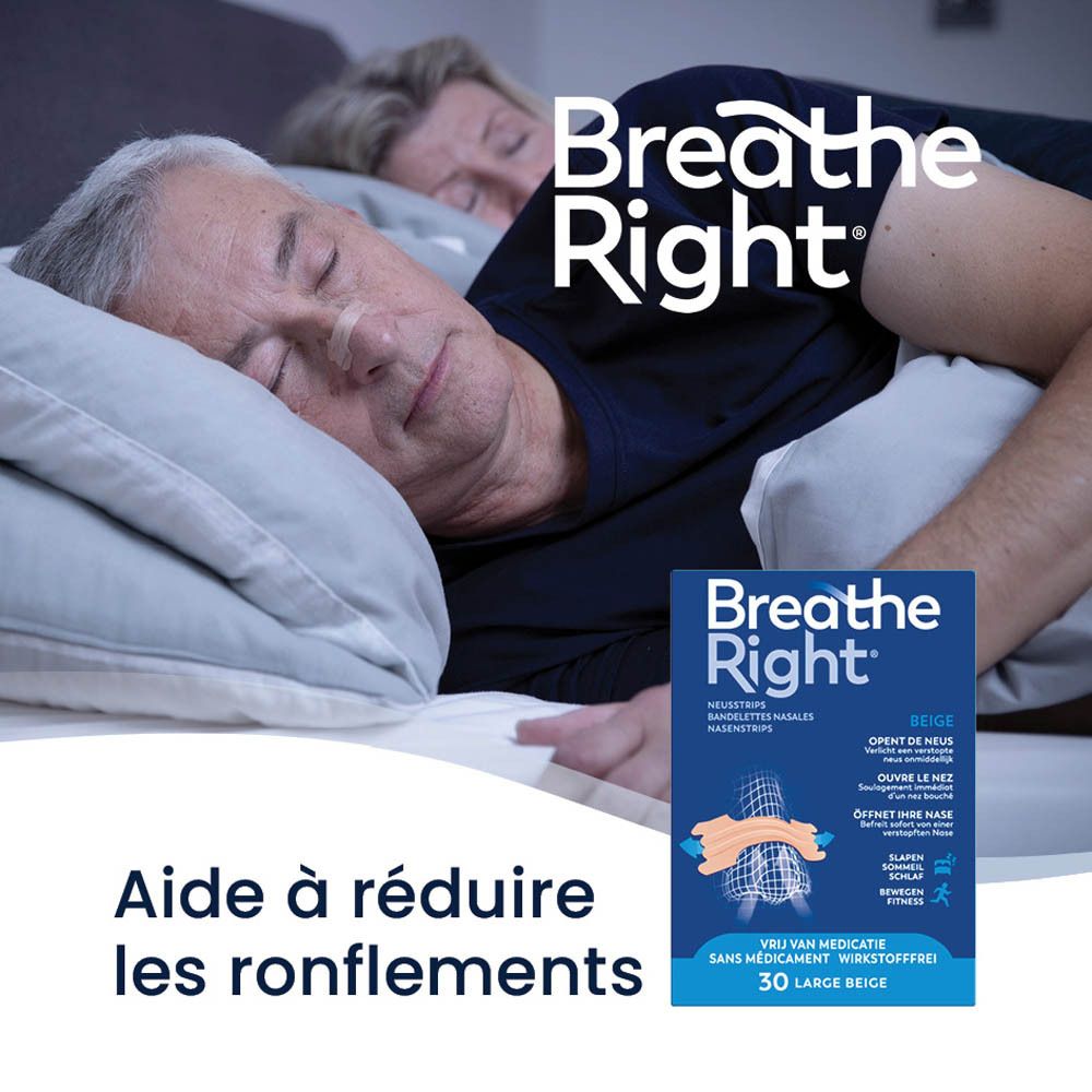 Breathe Right® Neusstrips Beige Large naast slapend koppel.