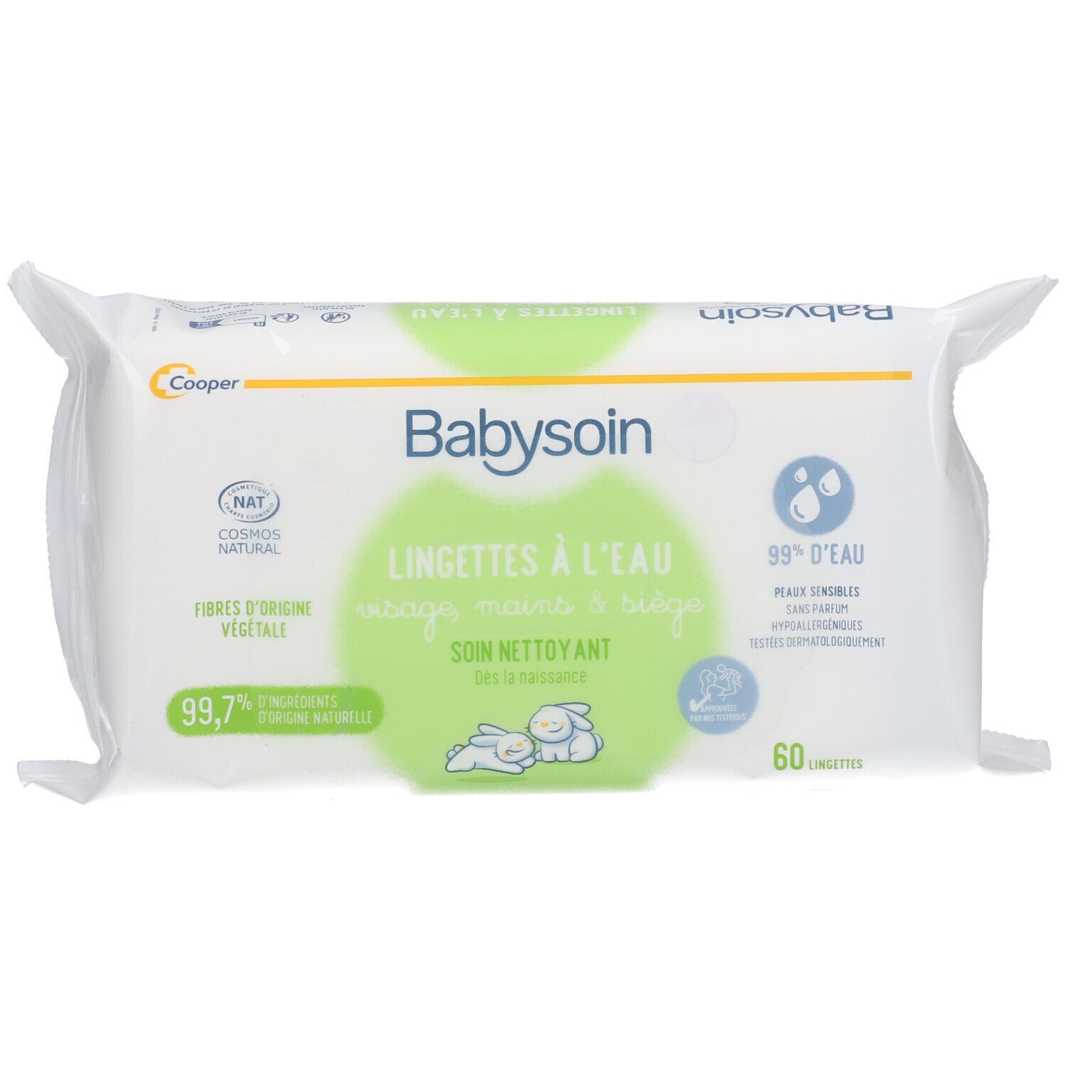 Paquet de lingettes Babysoin. Blanc, avec zone verte et informations produit. 60 lingettes.
