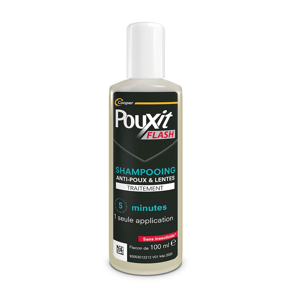 Flacon de PouXit Flash Shampooing Anti-poux & Lentes. Bouchon blanc, liquide transparent, nom et logo du produit.