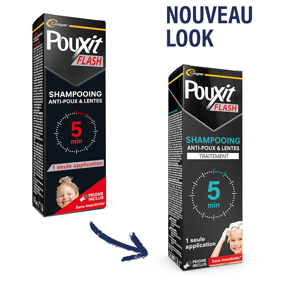 Comparaison des emballages PouXit Flash Shampooing Anti-poux & Lentes. À gauche : ancien emballage. À droite : nouvel emballage.