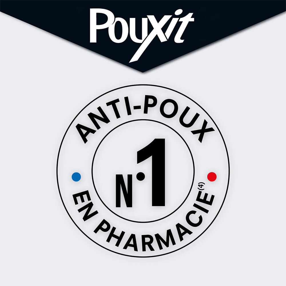Pouxit: N°1 tegen hoofdluis in de apotheek. Keurmerk met cirkel en ster.