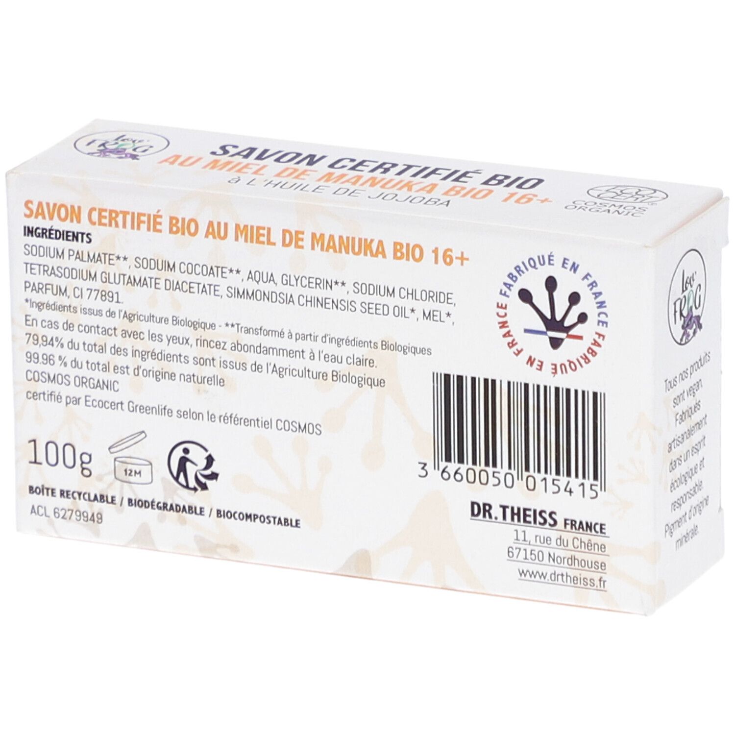 Lov'Frog Savon Certifié Bio au Miel de Manuka Bio 16+
