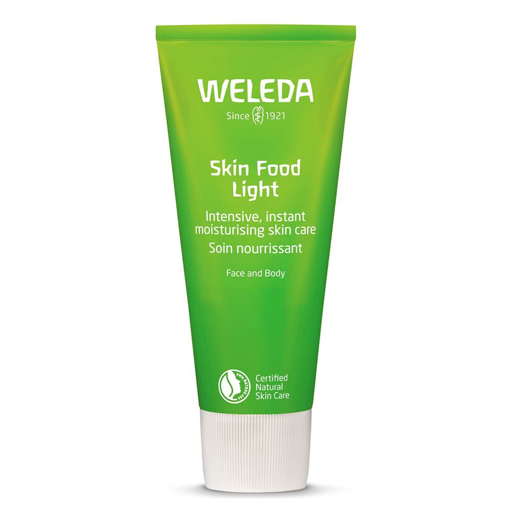 Tube verte avec bouchon blanc. Inscription: WELEDA Skin Food Light. Texte: Intensive, instant moisturising skin care. Certifié.