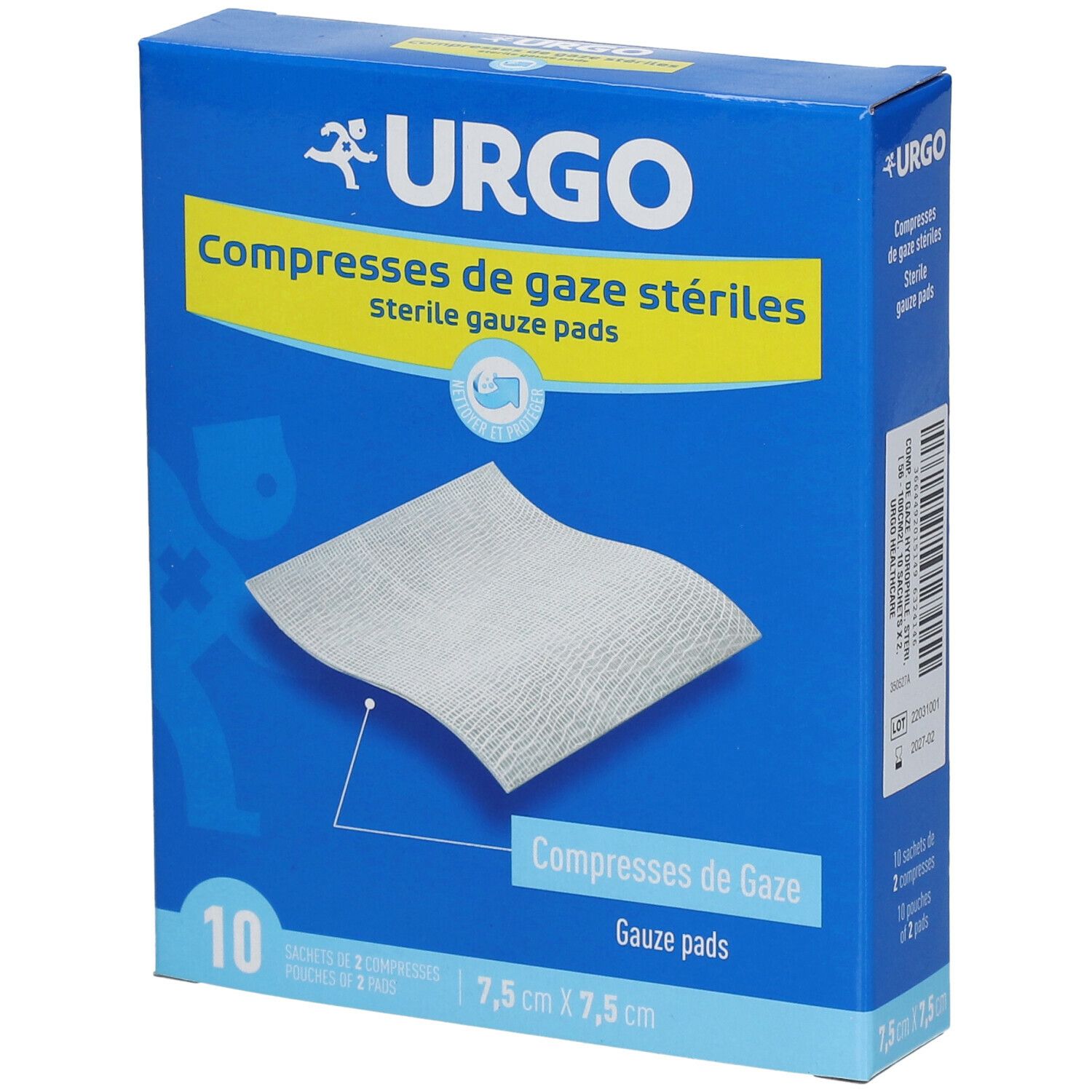 Blauwe Urgo-doos. Steriele gazen, 7,5 x 7,5 cm. 10 stuks. Productafbeelding met gazen.