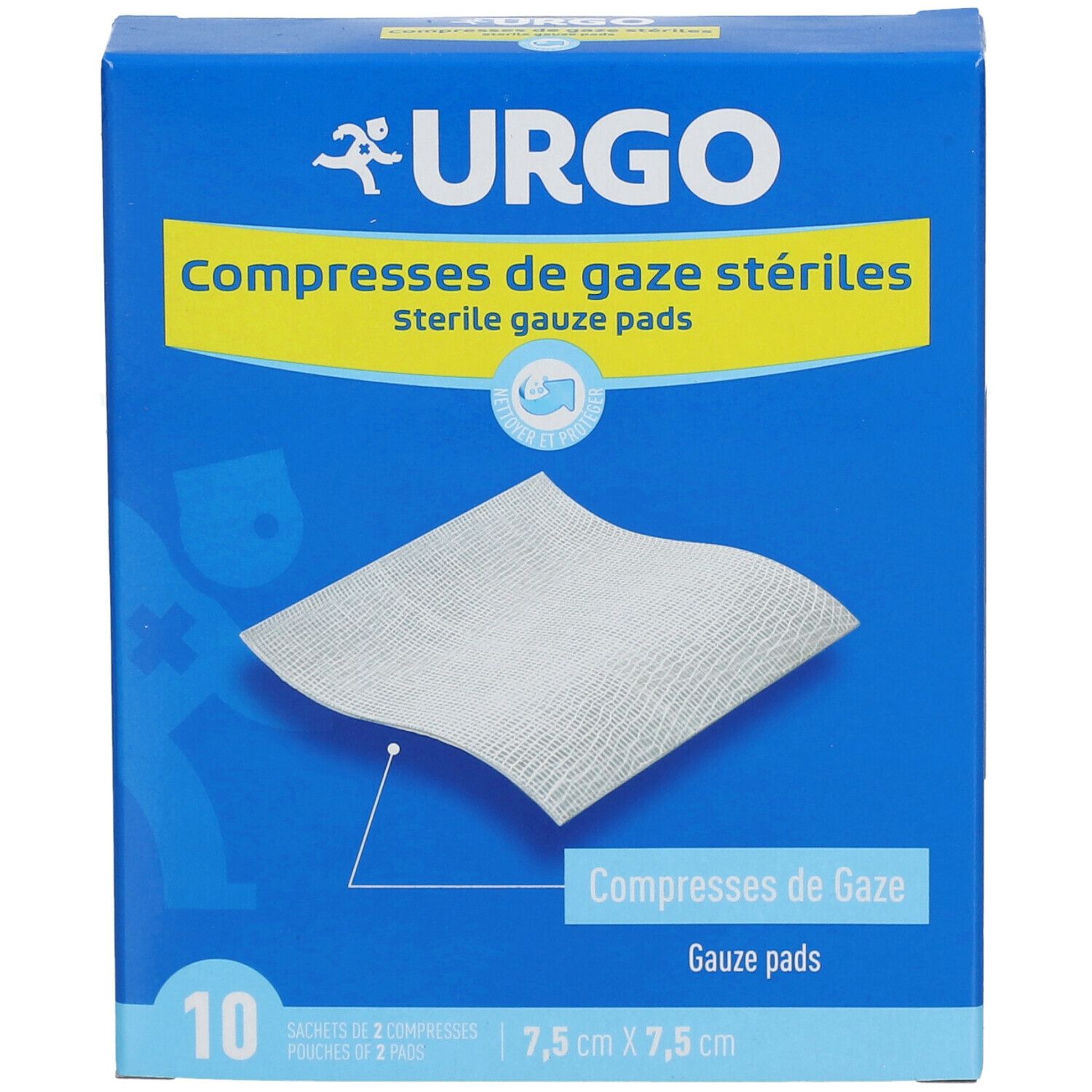 Blauwe Urgo-doos. Steriele gazen, 7,5 x 7,5 cm. 10 stuks. Productillustratie.