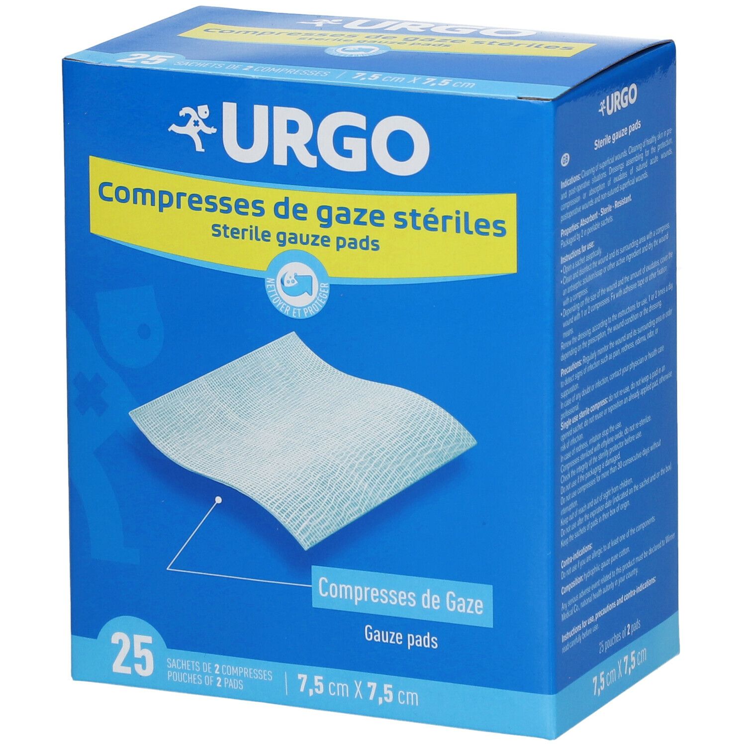 Boîte bleue avec logo URGO et 'Compresses de gaze stériles'. Contient 25 compresses stériles de 7,5 cm x 7,5 cm.