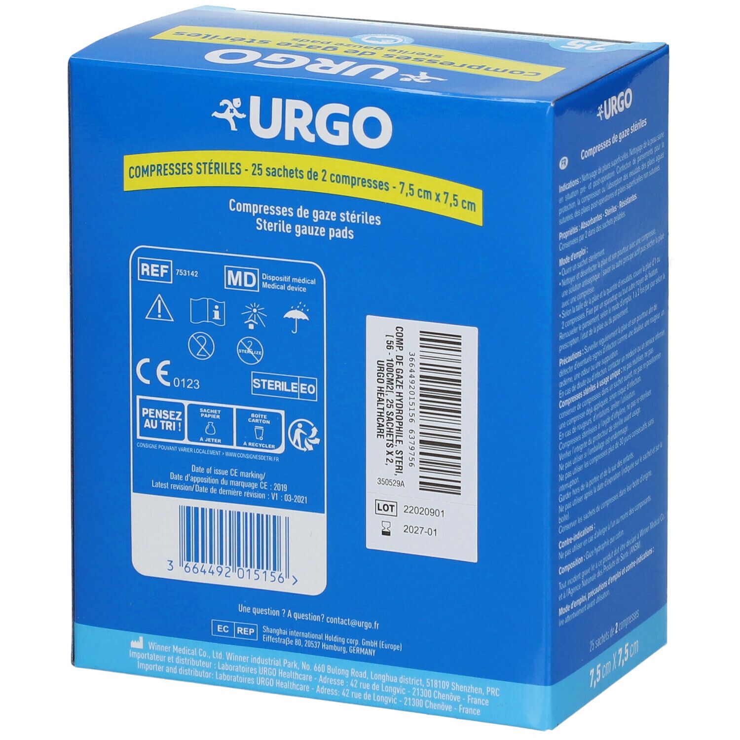 Dos de la boîte bleue avec logo URGO. Contient 25 compresses stériles. Marquage CE et numéro de lot. Dimensions : 7,5 cm x 7,5 cm.