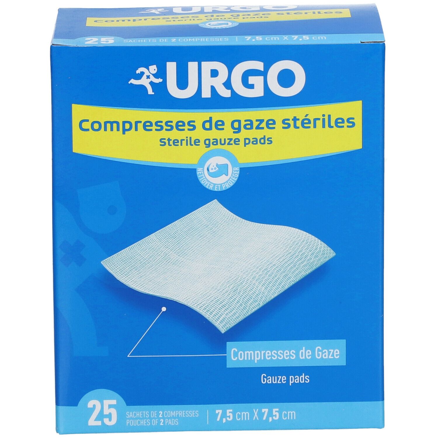Boîte bleue avec logo URGO et 'Compresses de gaze stériles'. Contient 25 compresses stériles. Dimensions : 7,5 cm x 7,5 cm.