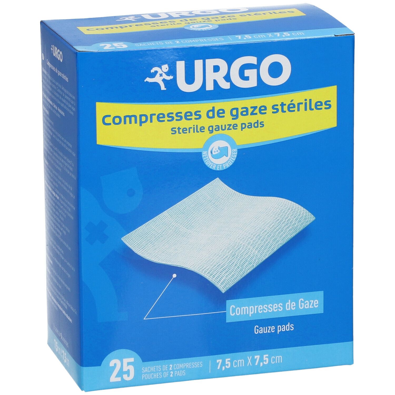 Boîte bleue avec logo URGO et 'Compresses de gaze stériles'. Contient 25 compresses stériles. Dimensions : 7,5 cm x 7,5 cm.