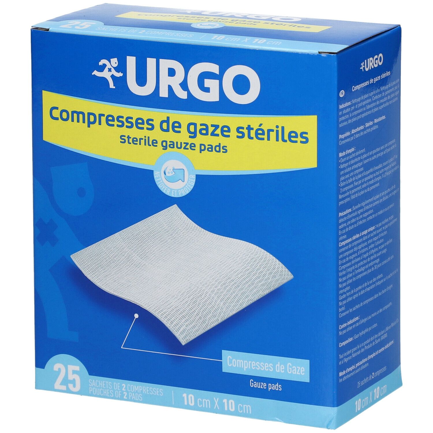 Blauwe en gele doos met Urgo-logo en 'Compresses de gaze stériles'. Bevat 25 steriele gaasjes, 10 cm x 10 cm.