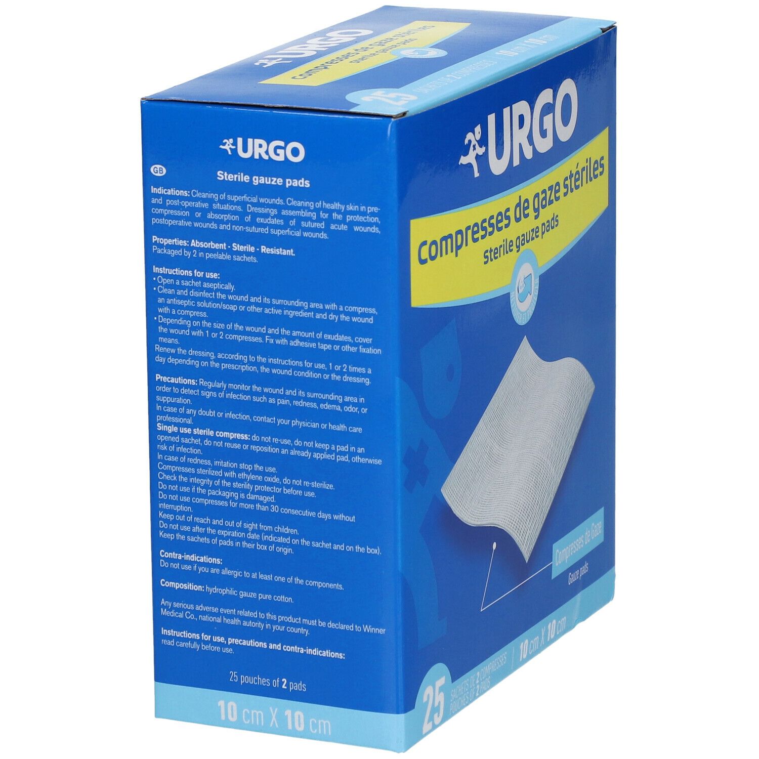 Doos met Urgo-logo en tekst 'Compresses de gaze stériles'. Bevat 25 steriele gaasjes. Productinformatie op de zijkant.