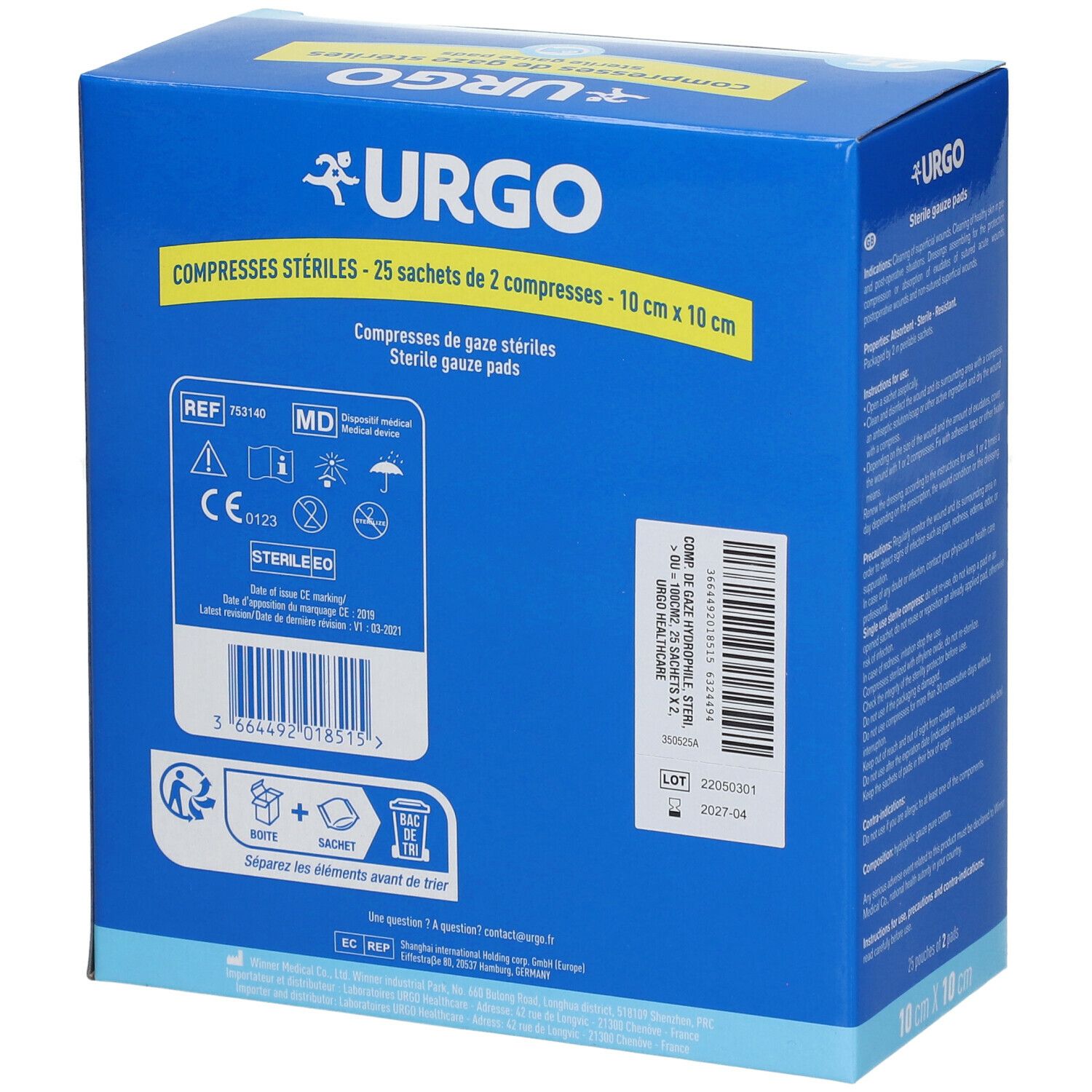 Achterkant van de doos met Urgo-logo en tekst 'Compresses stériles'. Bevat 25 steriele gaasjes. Productinformatie.