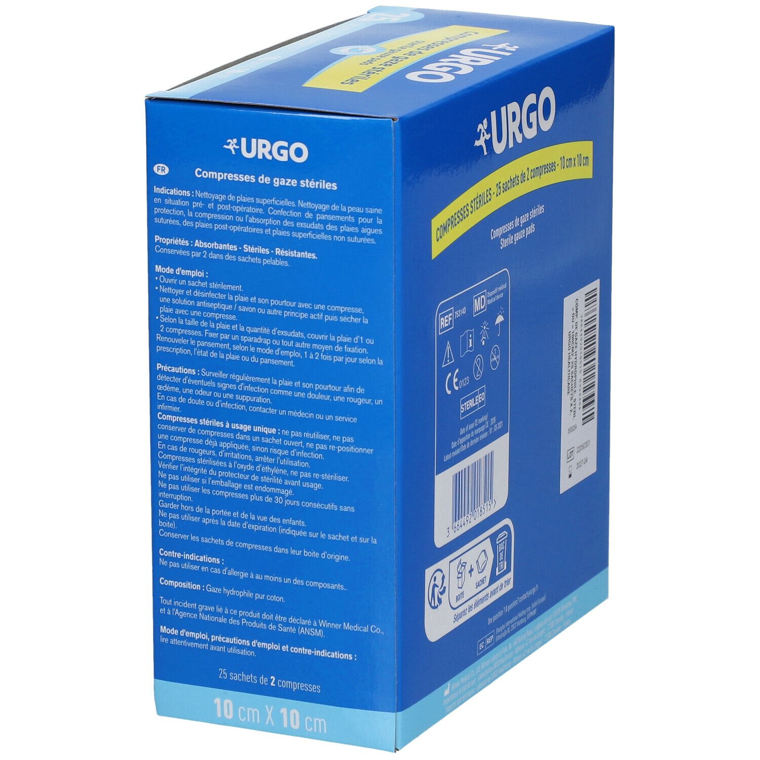 Doos met Urgo-logo en tekst 'Compresses de gaze stériles'. Bevat 25 steriele gaasjes. Productinformatie op de zijkant.