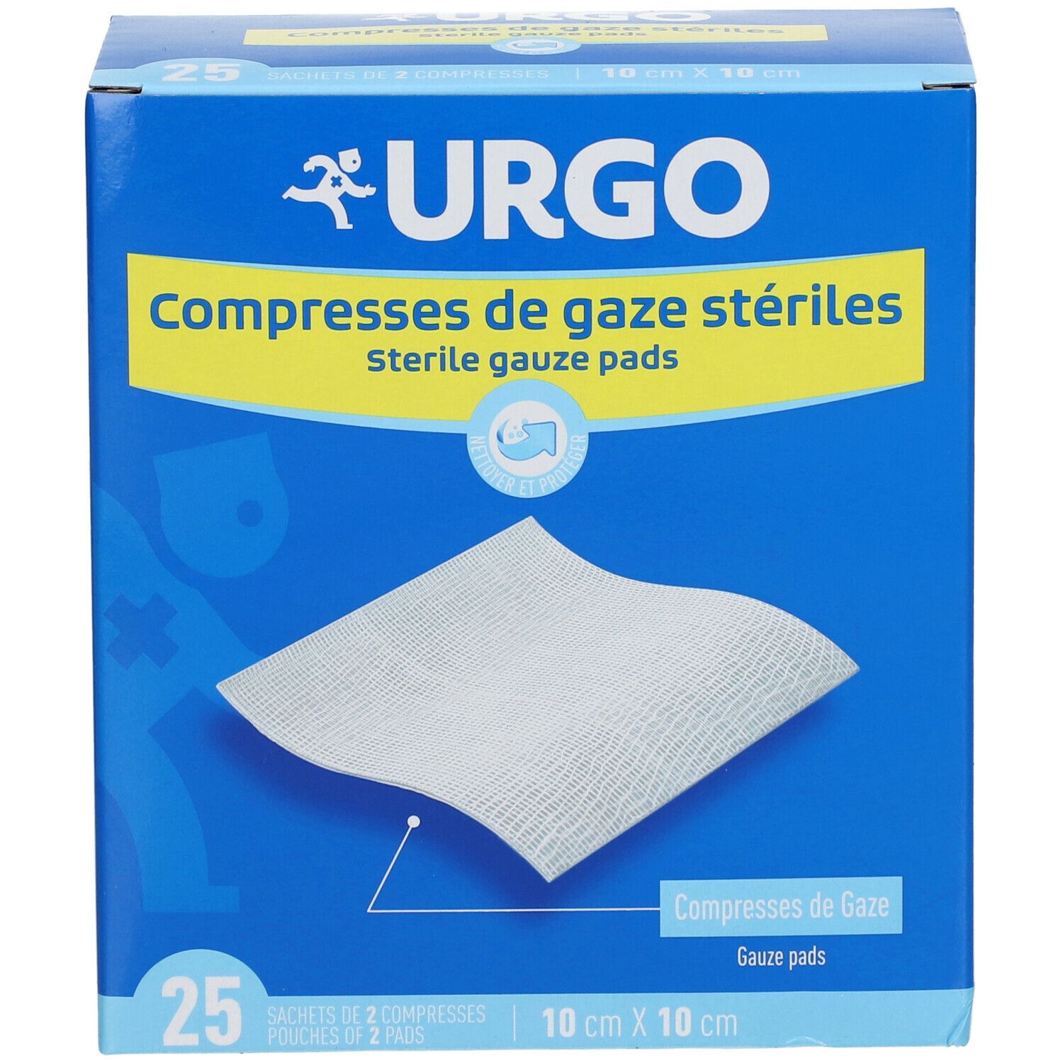 Blauwe en gele doos met Urgo-logo en 'Compresses de gaze stériles'. Bevat 25 steriele gaasjes, 10 cm x 10 cm.