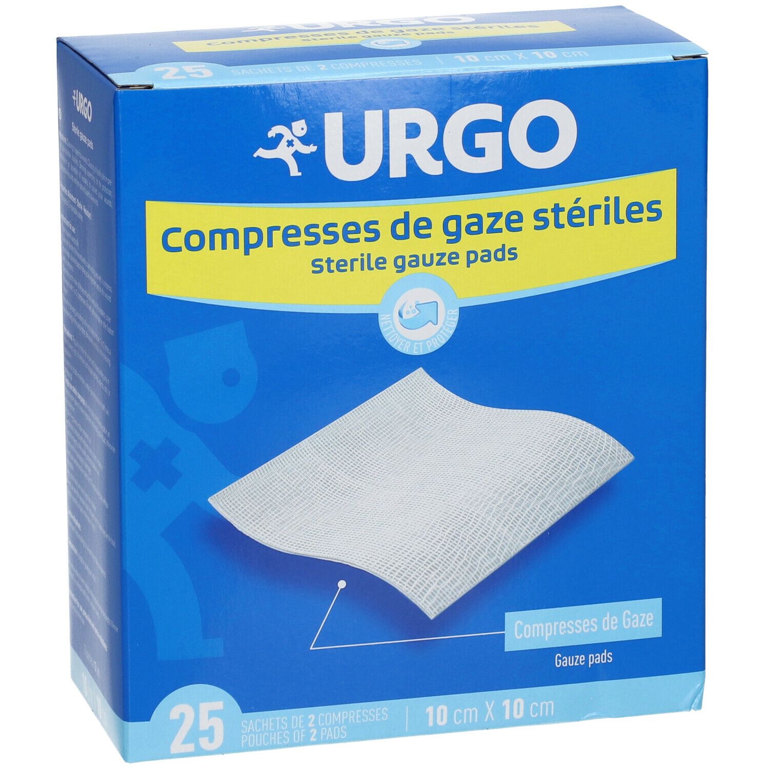 Blauwe en gele doos met Urgo-logo en 'Compresses de gaze stériles'. Bevat 25 steriele gaasjes, 10 cm x 10 cm.