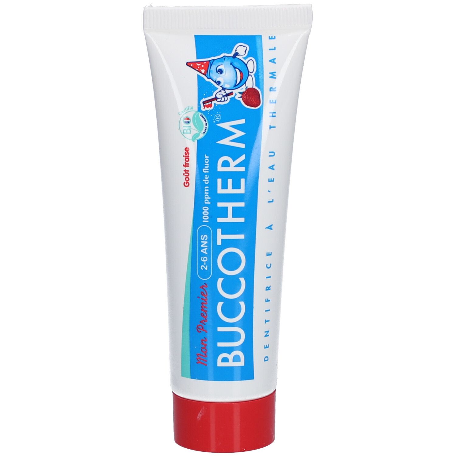 Tube de dentifrice blanc avec design bleu et rouge. Inscription: BUCCOTHERM, 2-6 ANS, goût fraise bio.