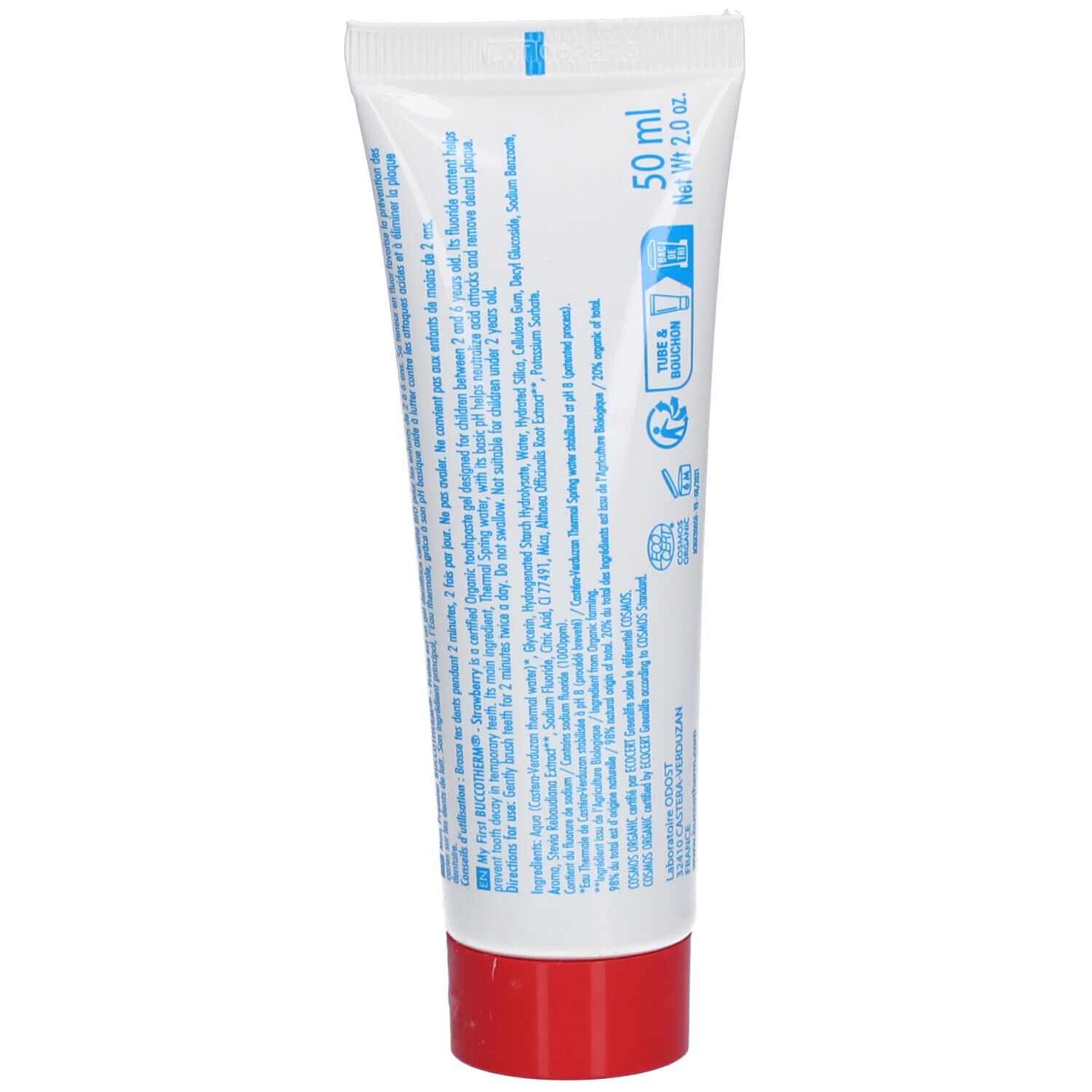 Dos du tube de dentifrice. Contient des informations sur les ingrédients et les certifications. Bouchon rouge.