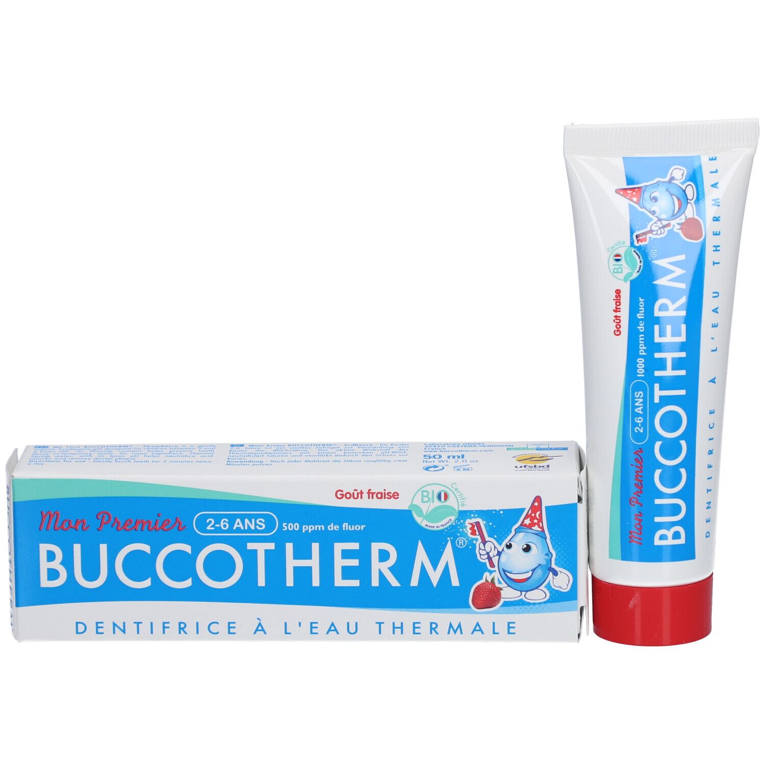 Tube et boîte de dentifrice. Inscription: BUCCOTHERM, 2-6 ANS, goût fraise bio. Emballage avec personnage de dessin animé.