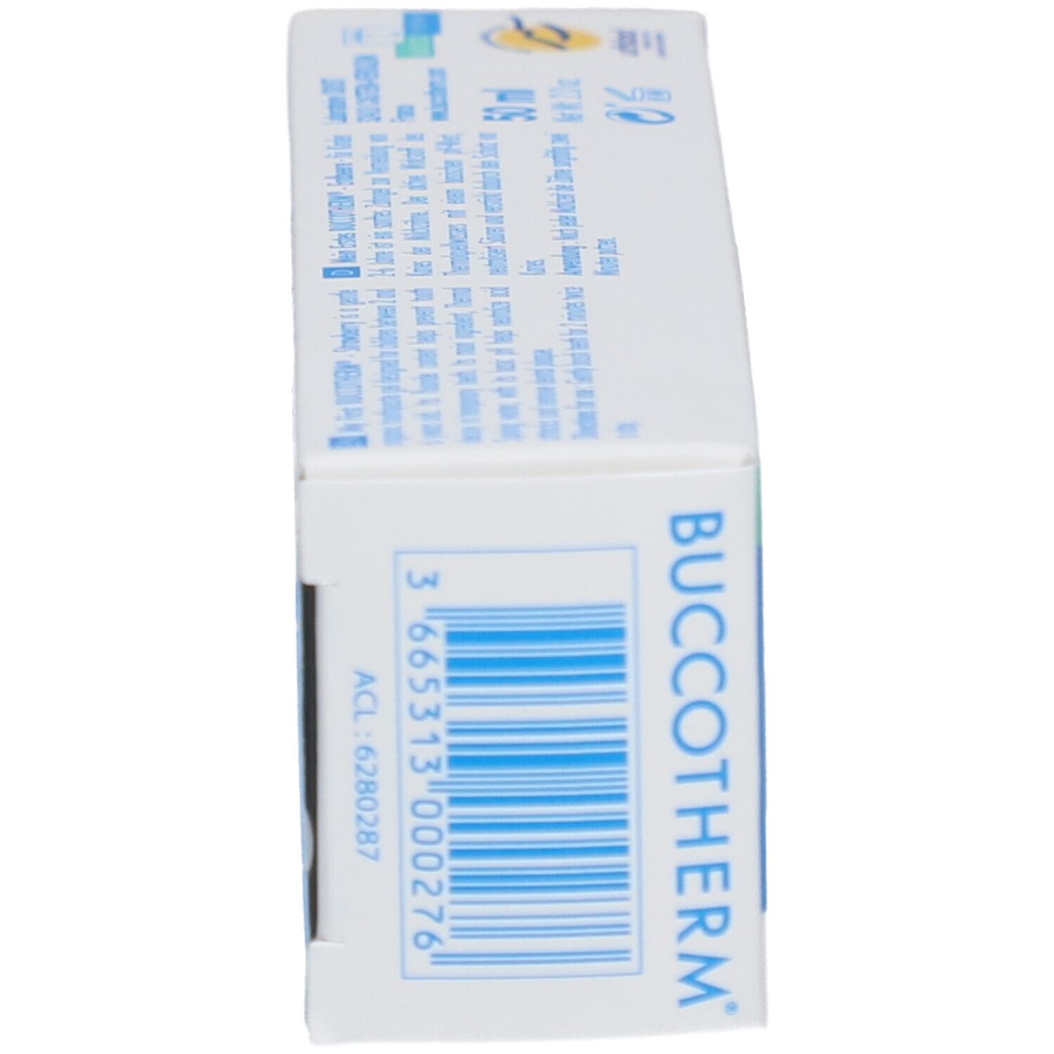Vue latérale de la boîte de dentifrice. Inscription: BUCCOTHERM. Code-barres et informations sur le produit.
