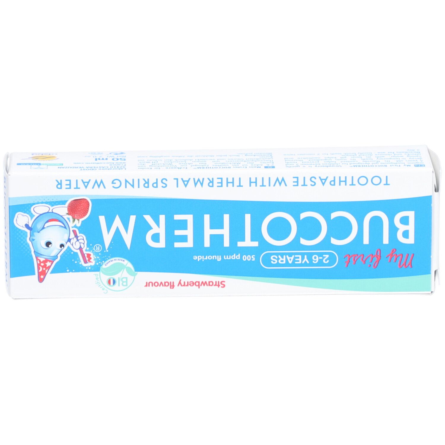 Boîte de dentifrice, bleu et blanc. Inscription: BUCCOTHERM, 2-6 YEARS, Strawberry flavour. Avec personnage.
