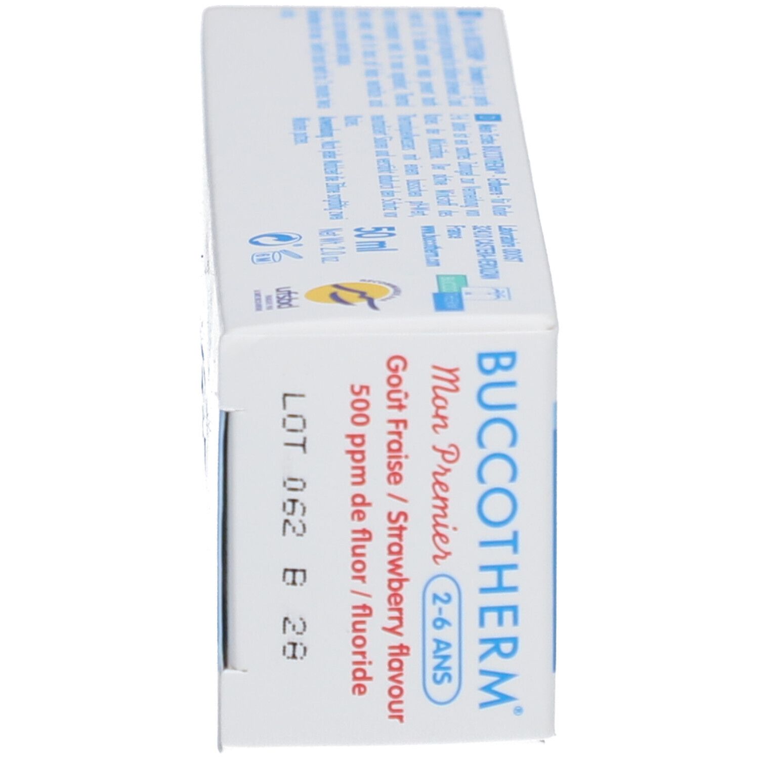 Vue latérale de la boîte de dentifrice. Inscription: BUCCOTHERM, 2-6 ANS, goût fraise. Informations produit.
