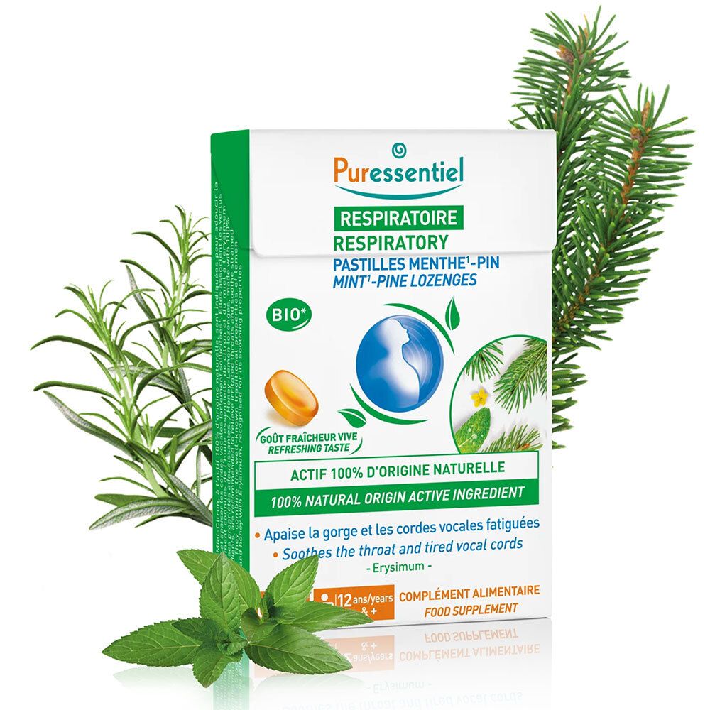 Verpakking met pastilles. Opschrift: RESPIRATOIRE, Pastilles Menthe-Pin. Bio-certificering. Kruiden op de achtergrond.
