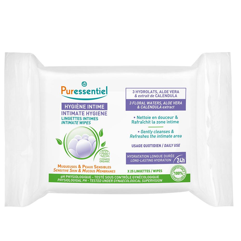 Paquet blanc de lingettes intimes. Texte: HYGIÈNE INTIME, 25 lingettes, hydratation 24h. Avec Aloe Vera et extrait de Calendula. Certification Bio.