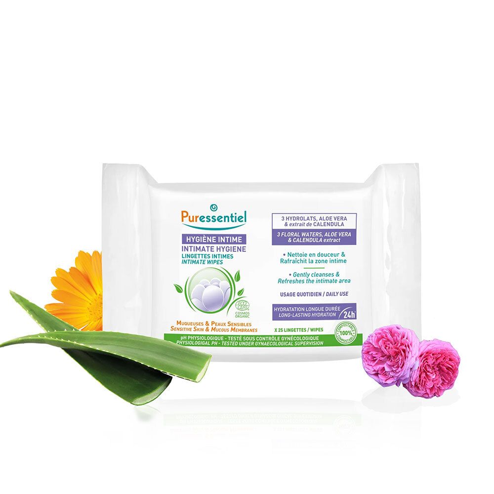 Paquet de lingettes intimes avec aloe vera, calendula et roses. Texte: HYGIÈNE INTIME, 25 lingettes, hydratation 24h. Certification Bio.