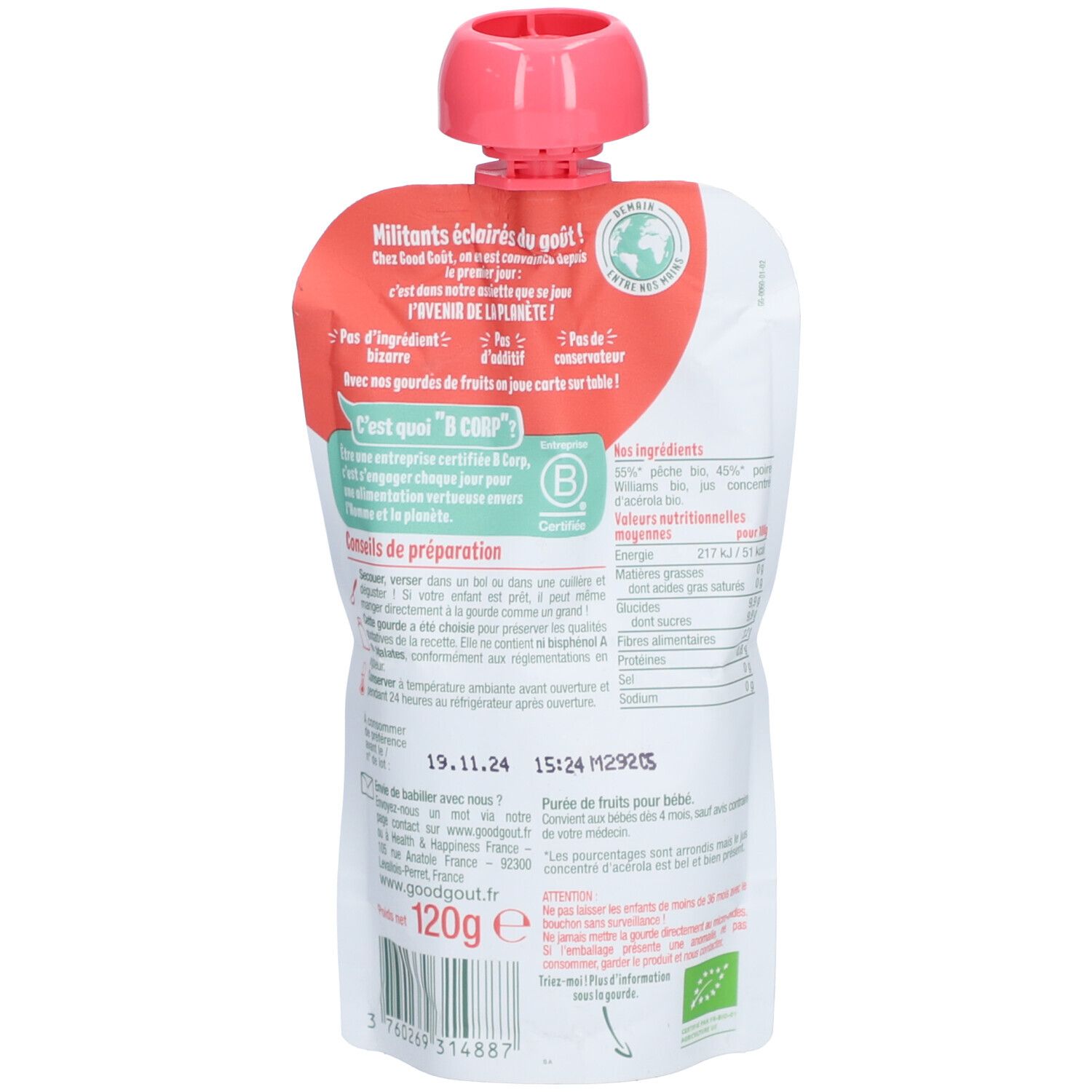 Achterkant van Good Goût Baby knijpzakje. Informatie over ingrediënten, voedingswaarden en bereiding.