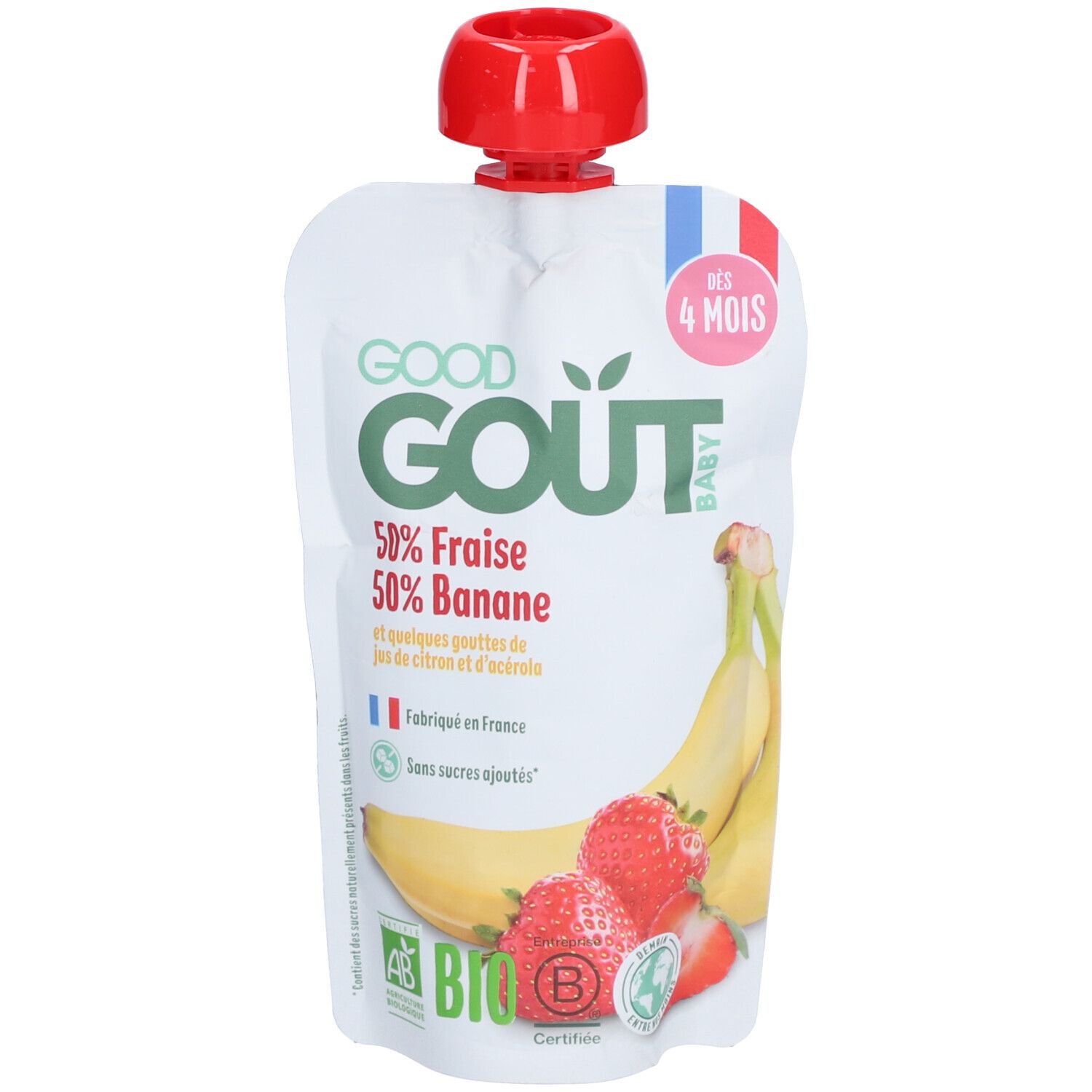 Knijpzakje Good Gout, 50% Aardbei, 50% Banaan. Rode dop. Bio-certificering zichtbaar.