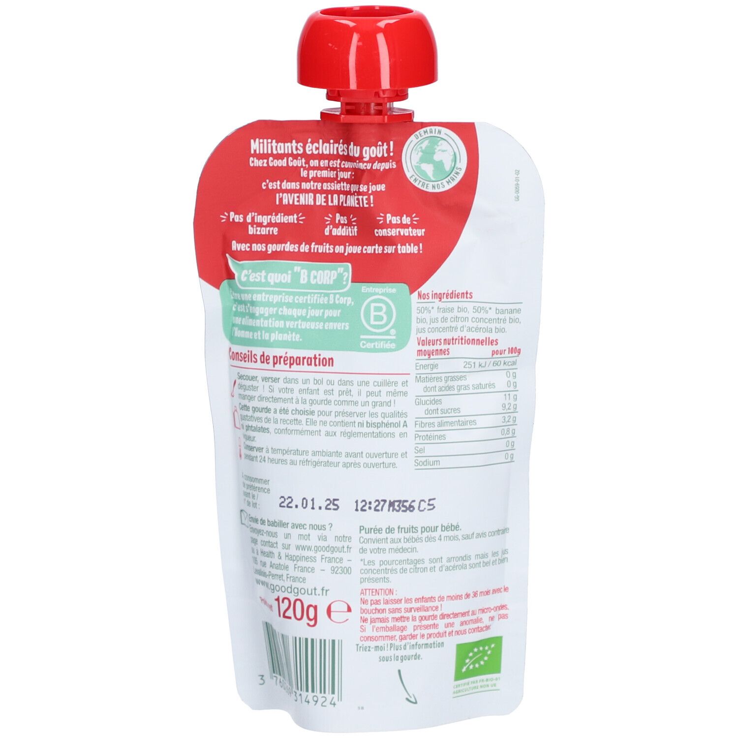 Achterkant van het knijpzakje. Ingrediënten, voedingswaarden, bereidingsadvies. Bio-certificering.