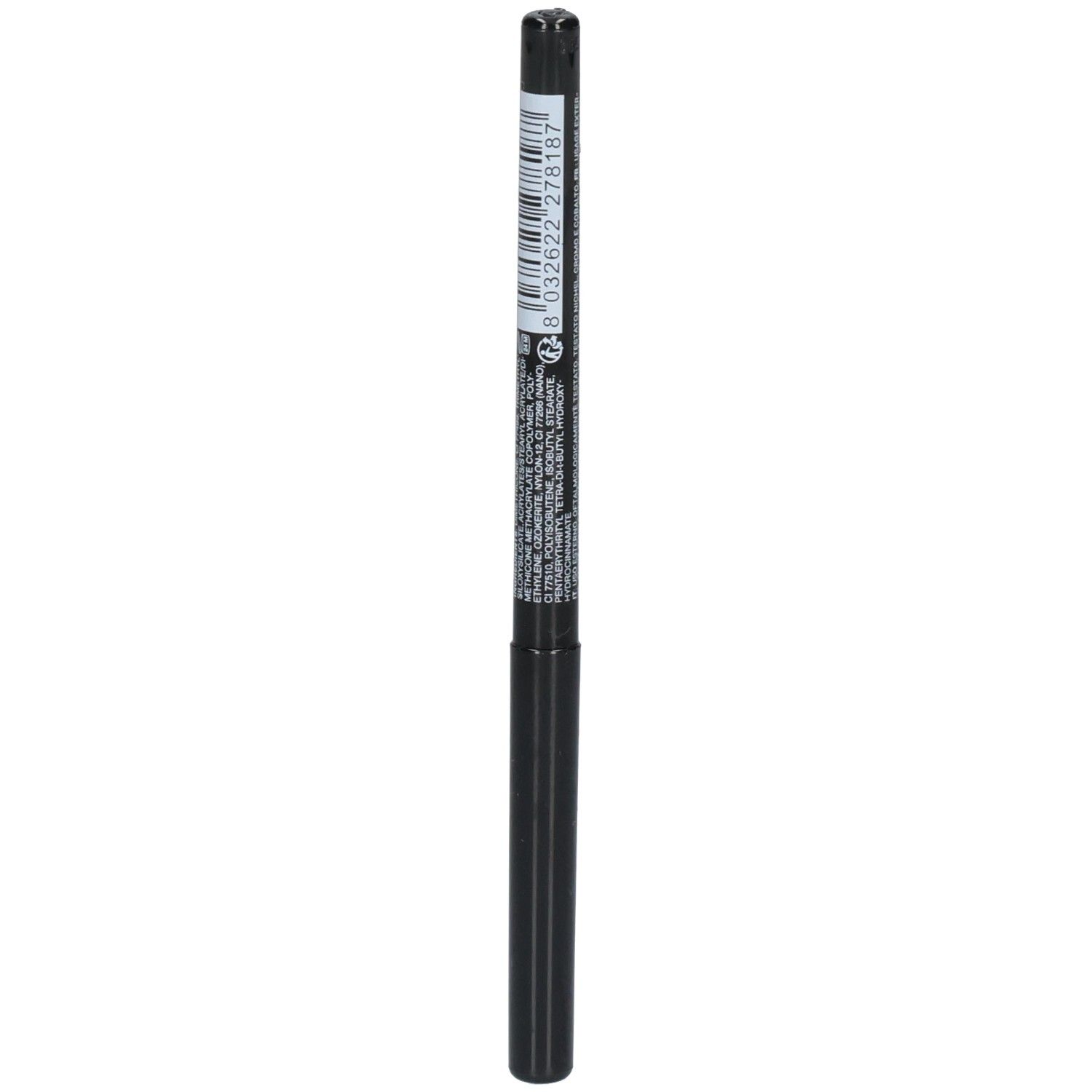 Crayon eye-liner noir avec code-barres et ingrédients sur le corps.