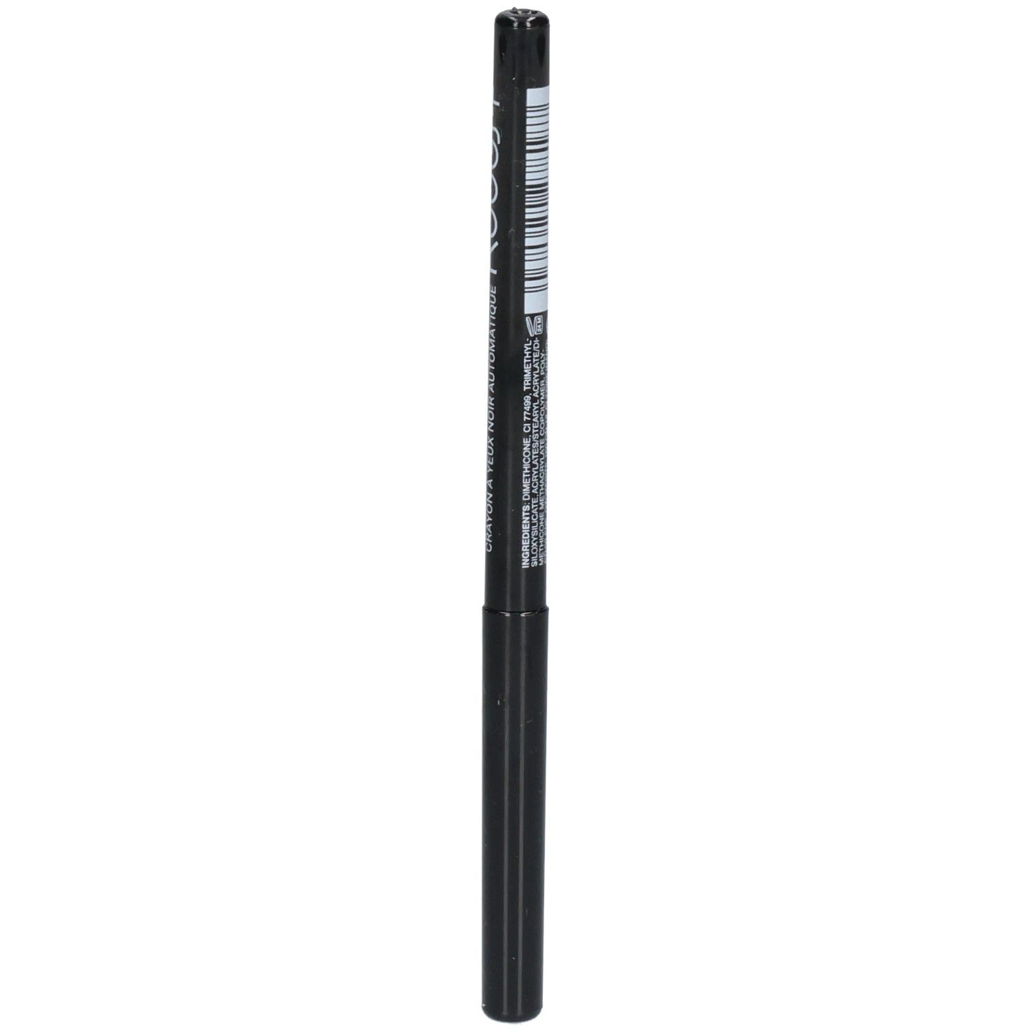 Crayon khôl noir avec inscriptions et code-barres.