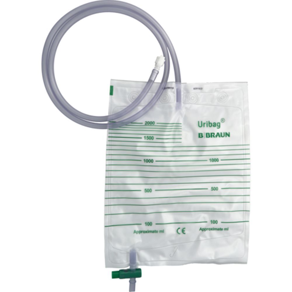 Poche à urine avec échelle, robinet de vidange et tube. Marque Uribag B Braun.