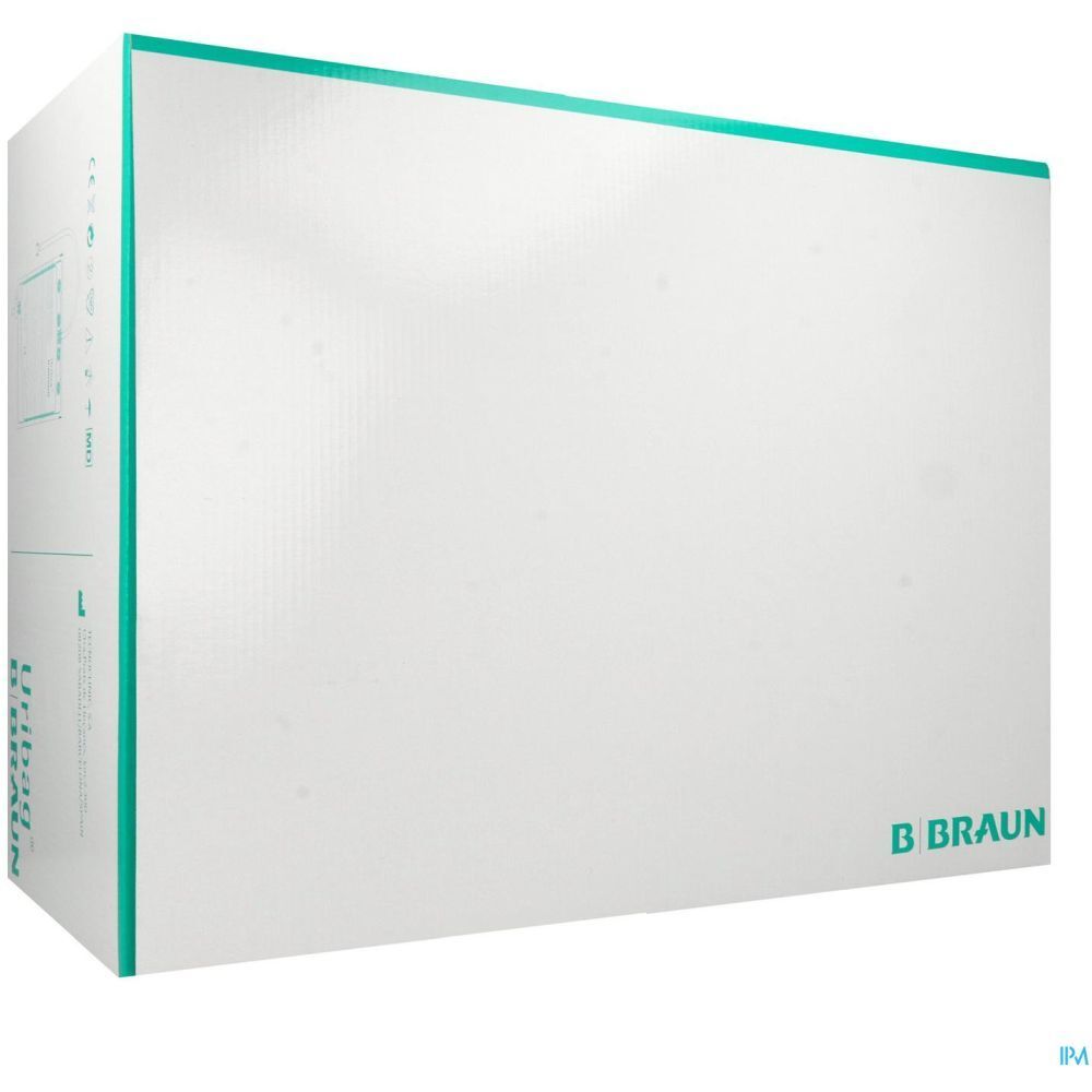Emballage en carton avec bord vert et logo B Braun. Inscription Uribag.
