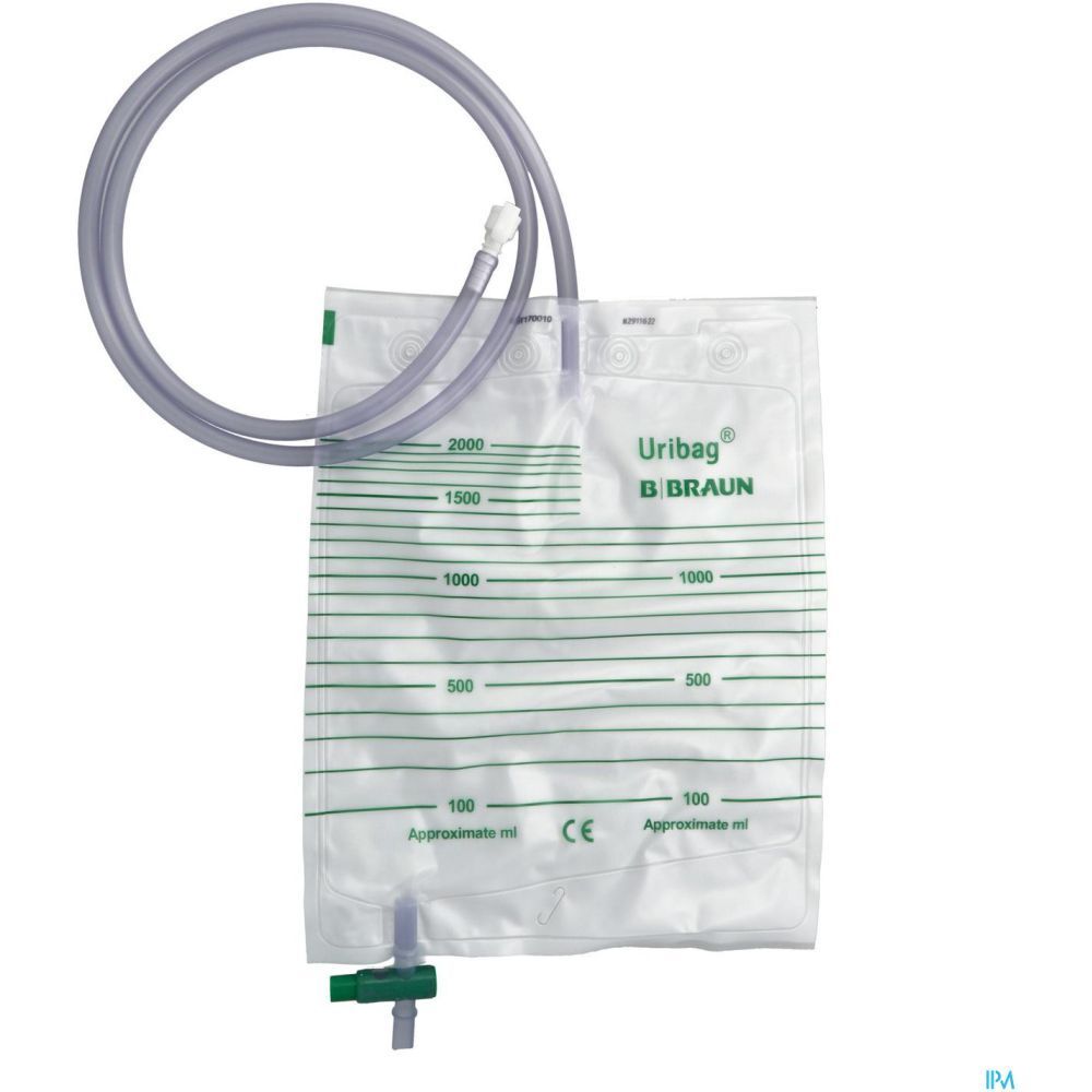 Poche à urine avec échelle, robinet de vidange et tube. Marque Uribag B Braun.