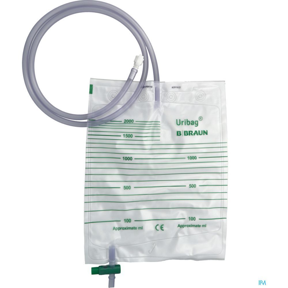 Poche à urine avec échelle, robinet de vidange et tube. Marque Uribag B Braun.