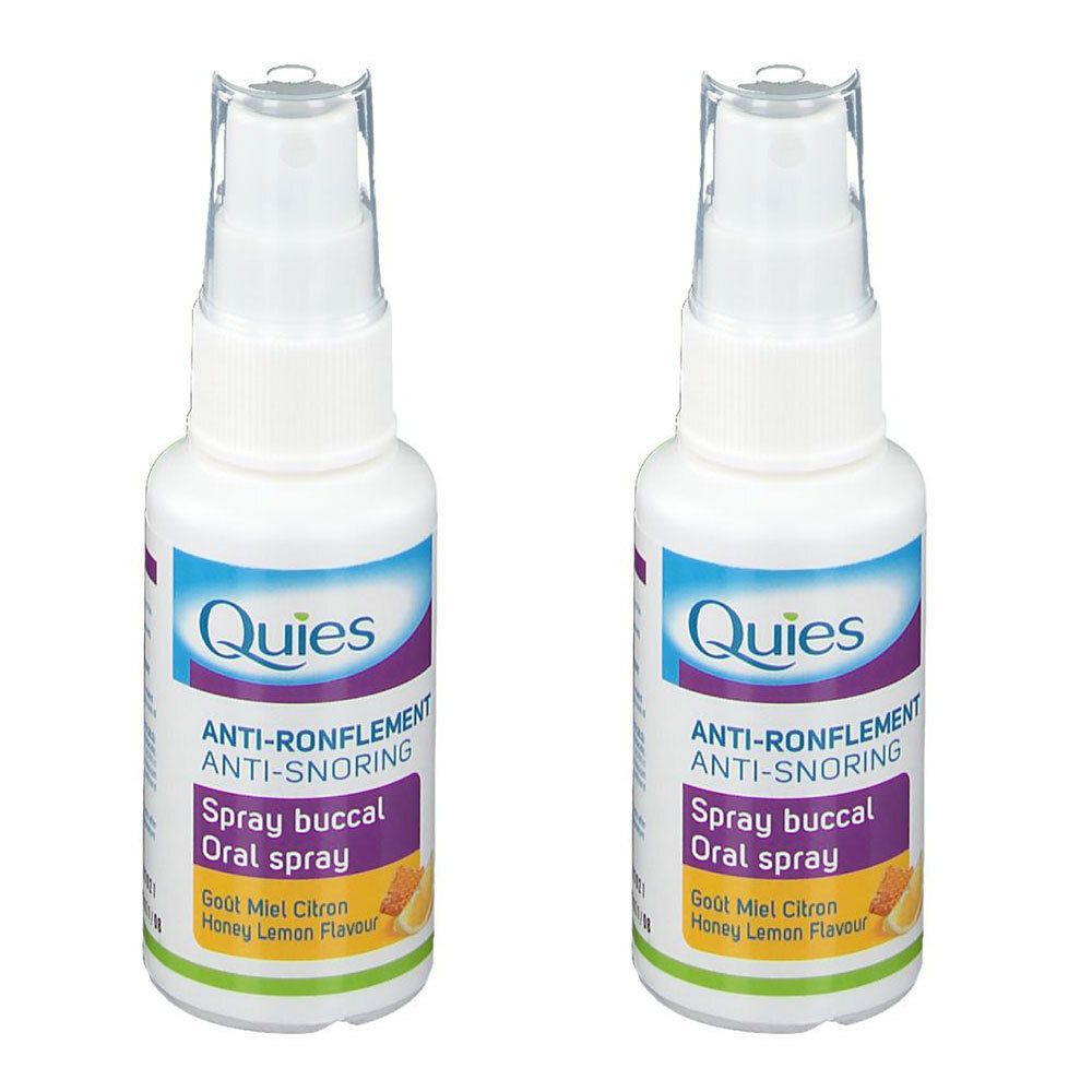 Deux flacons spray blancs "Quies Anti-Ronflement". Texte: Spray buccal, Goût Miel Citron. Tête de pulvérisation transparente.
