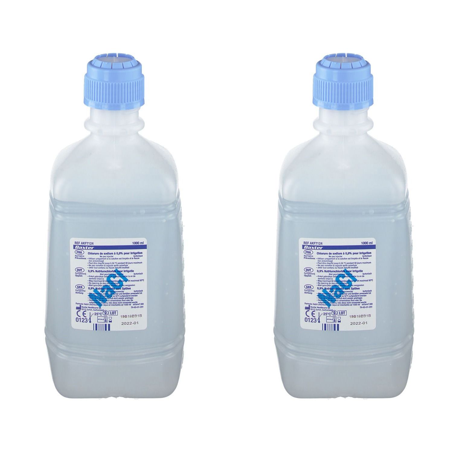 Twee flessen met blauwe doppen. Labels met tekst en NaCl-logo. Transparante vloeistof zichtbaar.