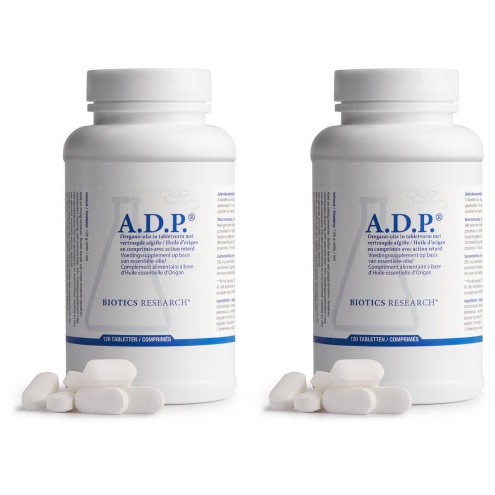 Twee flessen A.D.P. Biotics, elk 120 tabletten, met enkele tabletten ernaast.