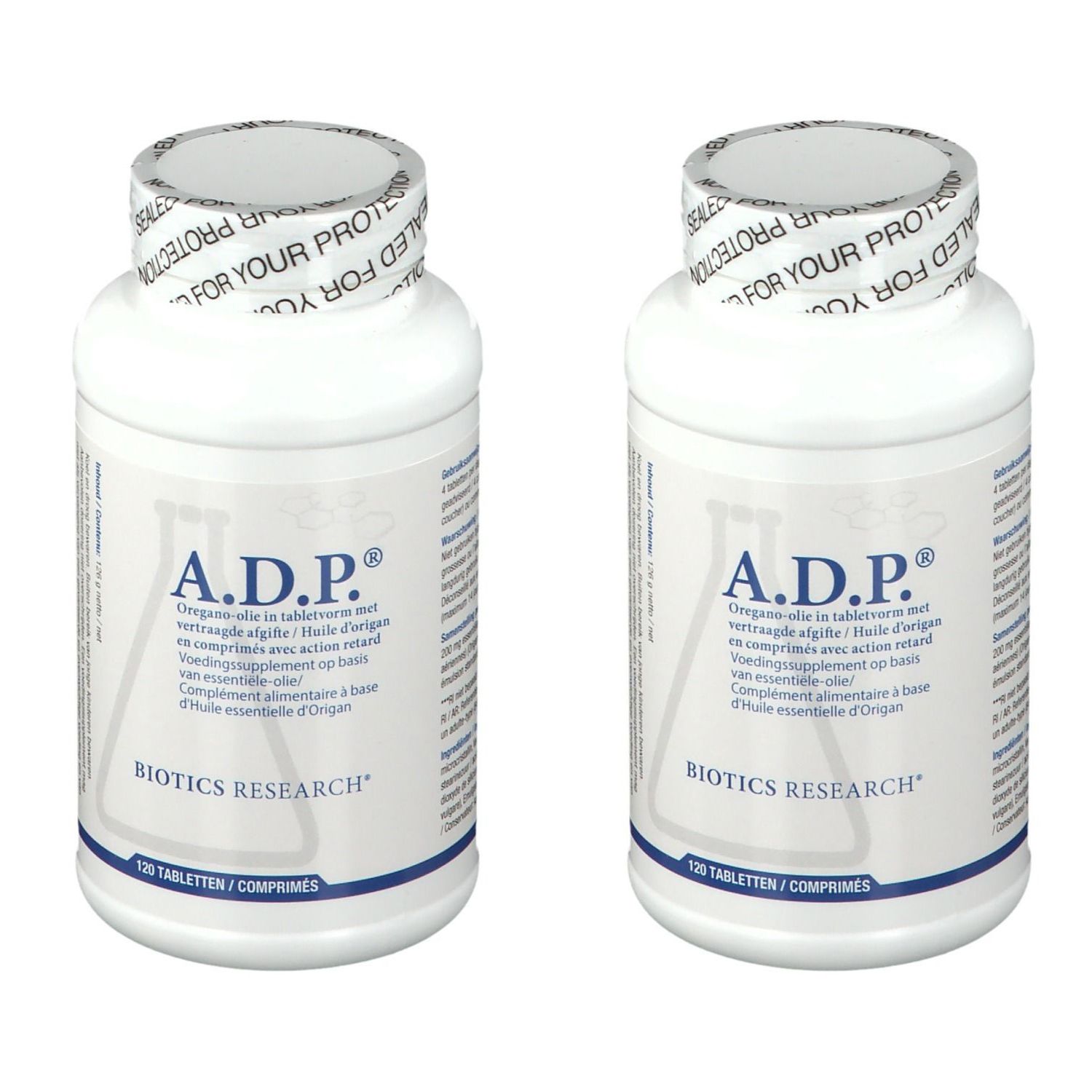 Twee witte flessen A.D.P.® Biotics Research. Opschrift: 120 Tabletten/Comprimés. Dop met opschrift 'FOR YOUR PROTECTION'.
