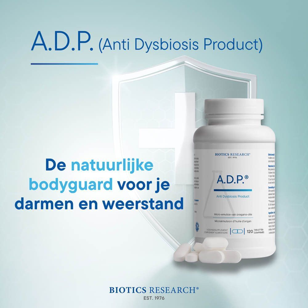Fles A.D.P. Biotics, 120 tabletten, met enkele tabletten ernaast en een informatieschild.