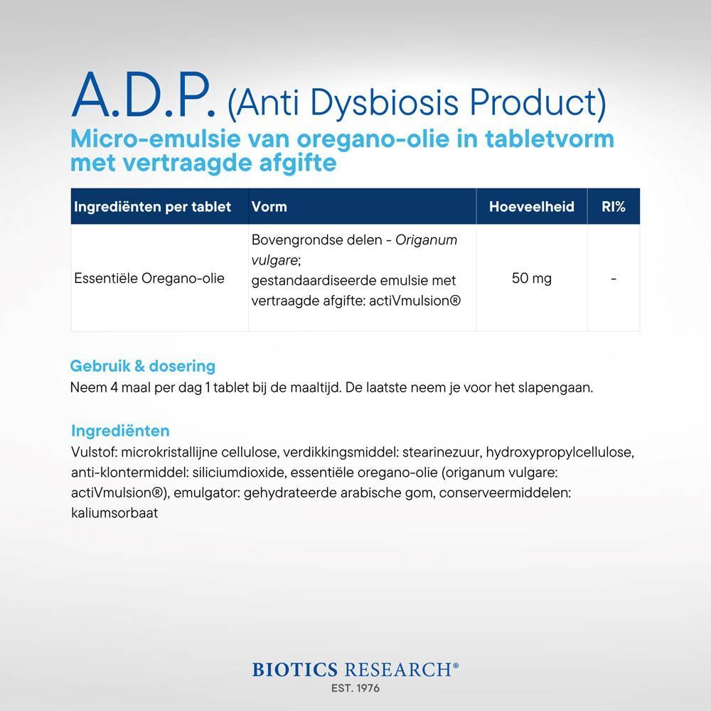 Fles A.D.P. Biotics, 60 capsules, met enkele tabletten en een ingrediënten tabel.