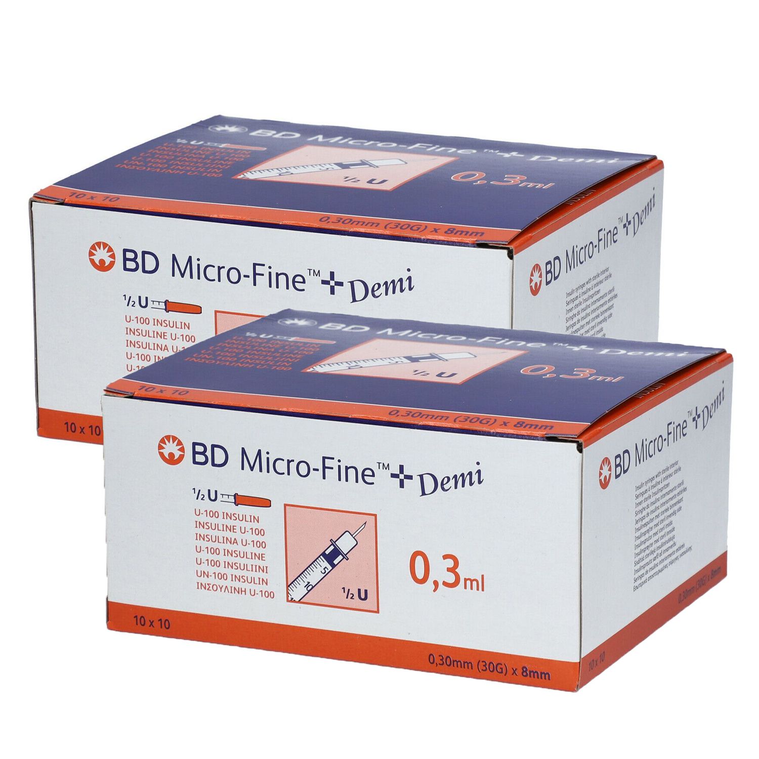 Twee dozen met opschrift "BD Micro-Fine + Demi". Opschriften: 0,3 ml, 1/2 U, 10 x 10. Illustratie van spuit zichtbaar op dozen.