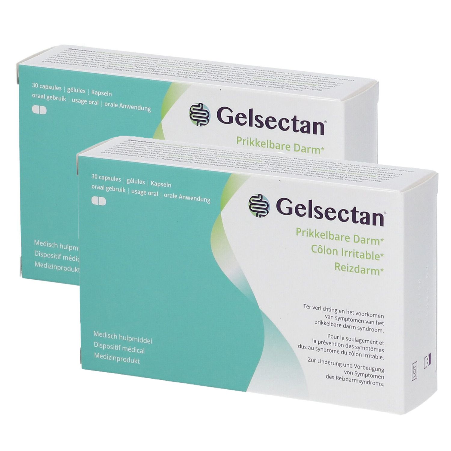 Twee witte dozen met de tekst "Gelsectan". Opschrift in meerdere talen: Prikkelbare Darm, Colon Irritable, Reizdarm.