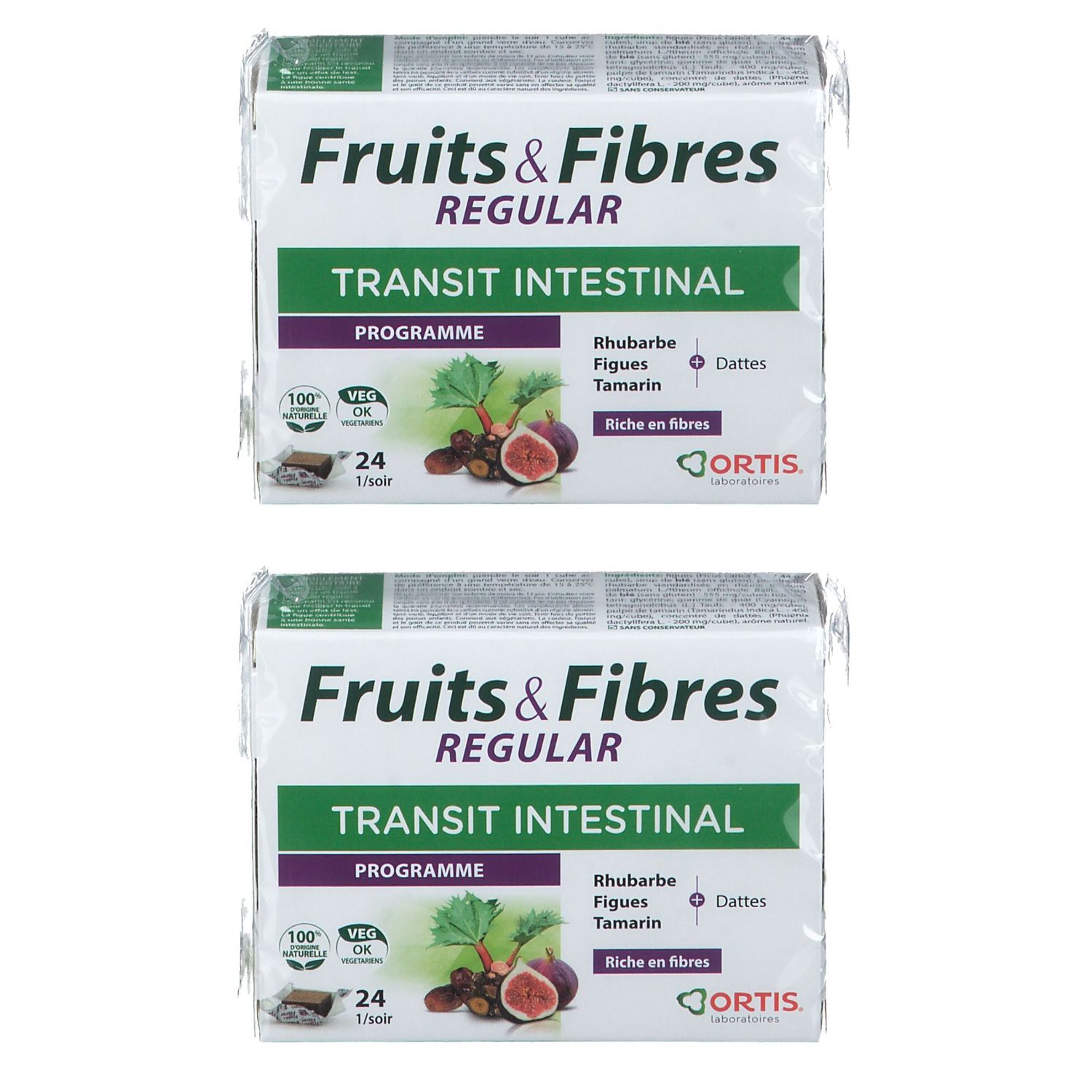 Deux emballages de "Fruits & Fibres Regular Transit Intestinal". Inscriptions: Rhubarbe, Figues, Tamarin, Dattes. Marque: ORTIS.